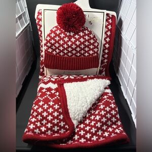 Red and White Kids Winter hat and Blanket set . Tahari, new . Blanket sz 30x40